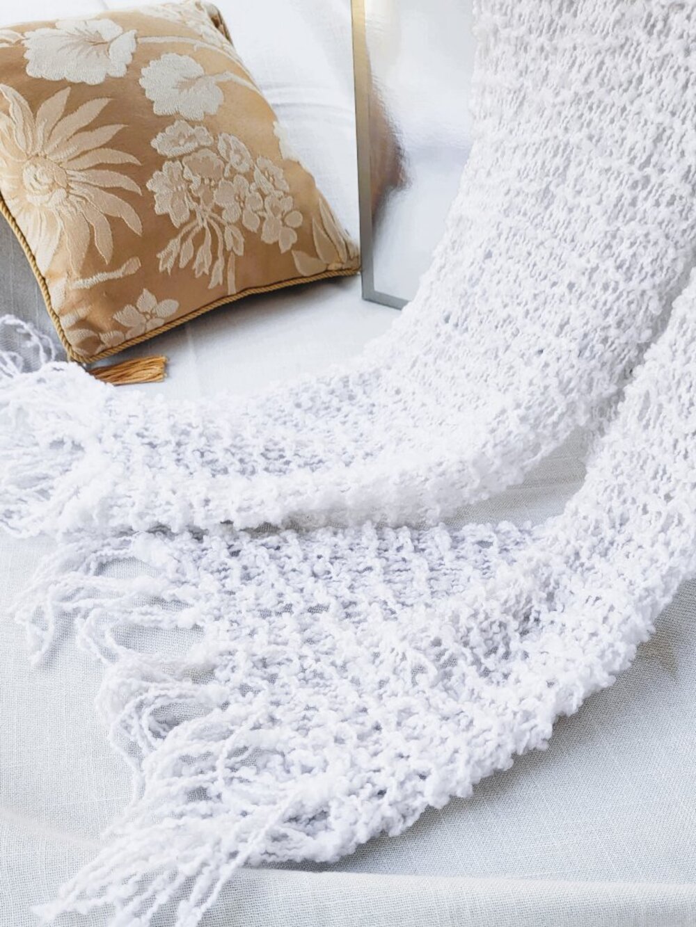 CROCHET Fringe 4" White Rectangular Scarf 68" x 9" Lightweight Wrap